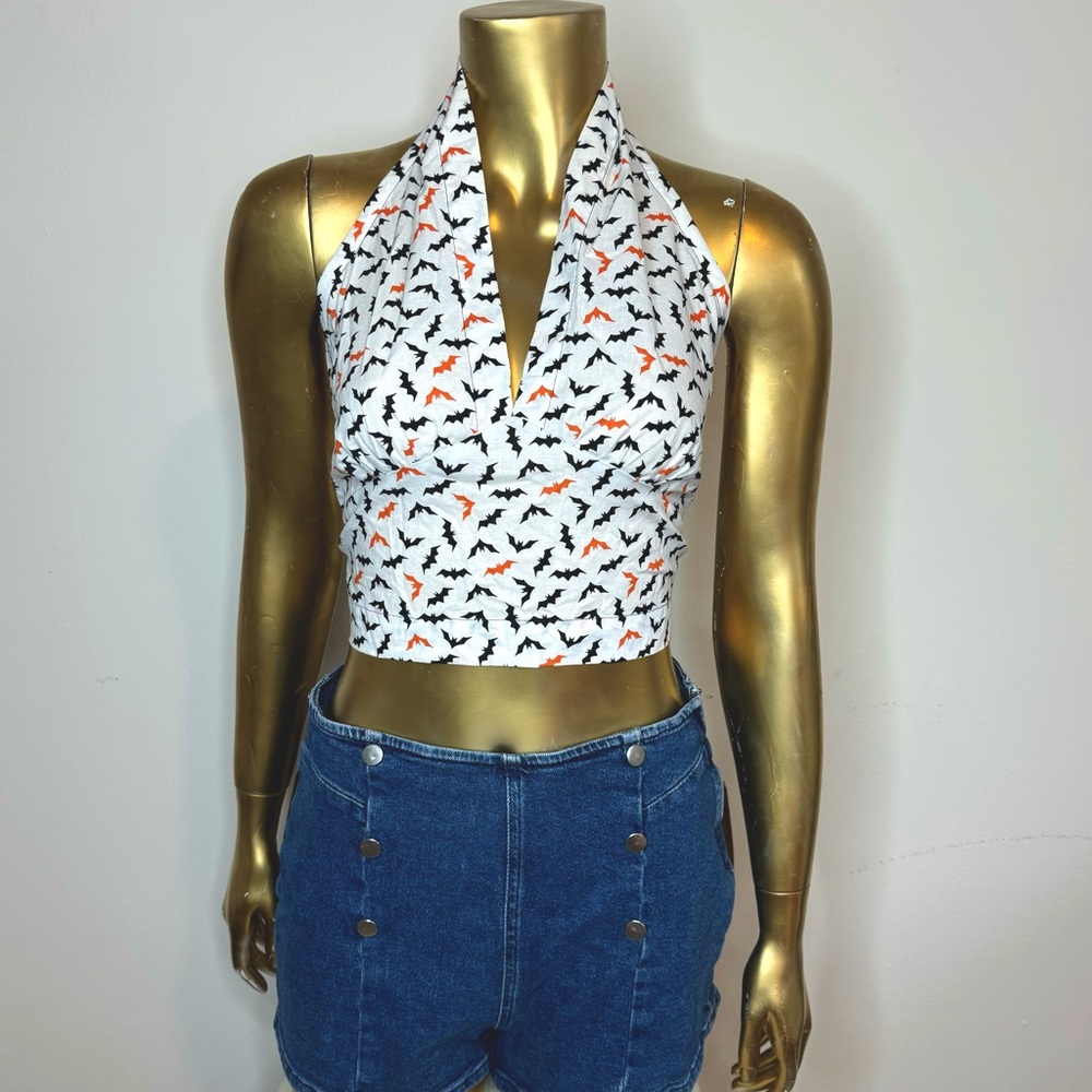 Retro bat print halter top